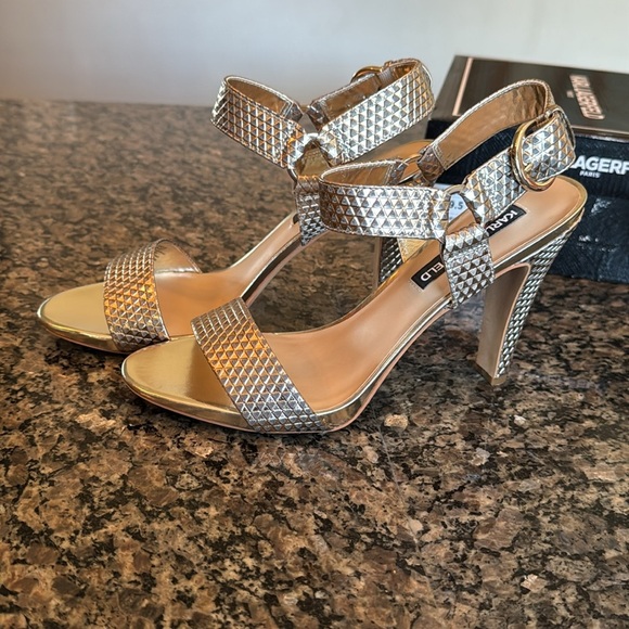 Karl Lagerfeld Women's Gold Heeled Sandals NIB 9.5 - Picture 12 of 13